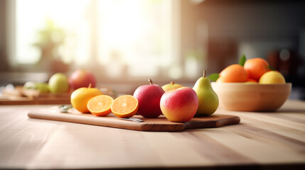 Obraz na płótnie Canvas Wicker bowl with apples on table in modern kitchen. Generative ai.