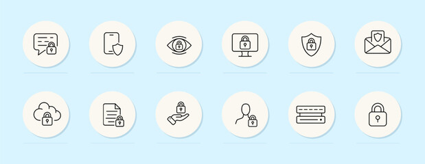 Data protection line icon. File, lock, cloud save, user, monitor, security, internet tethering. Pastel color background. Vector line icon for business