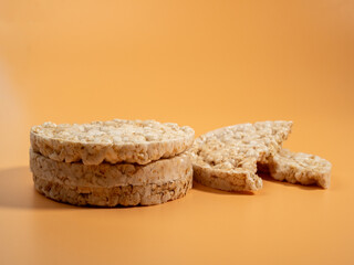 Rice waffles on a beige background with copy space. Rice wafers close-up.