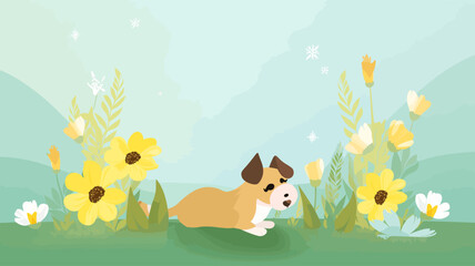 Naklejka premium Vector illustration of cute dog and flower field.