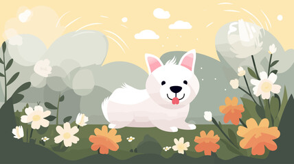 Vector illustration of cute dog and flower field.