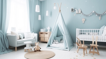 Obraz premium Kids bedroom mock up interior, Scandinavian style. Generative ai.
