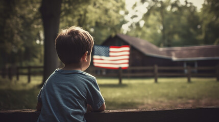 Fototapeta premium Child sitting near headstones with american flags. Generative ai.