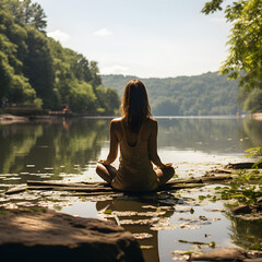 Women meditating near lake, Yoga near lake, Women doing yoga in nature, finding inner peace and serenity