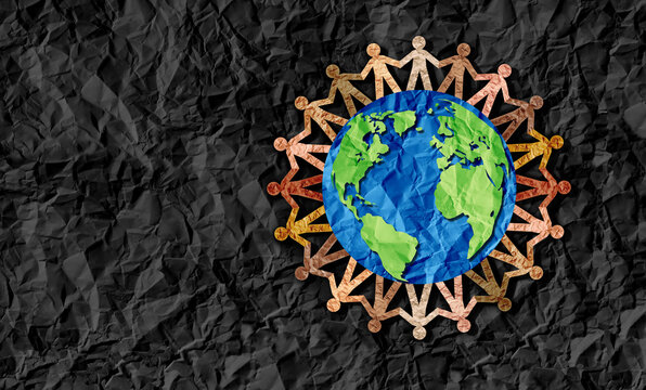United World Community and Global Unity or international diversity and earth day culture as a concept of cooperation symbol as diverse multi-cultural people holding hands for the planet earth.