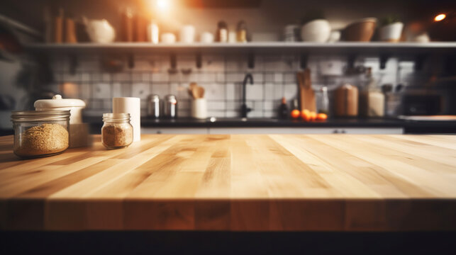 empty table board and defocused modern kitchen background. generative ai
