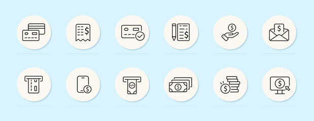 Online payment line icon. Money, dollar, smartphone, credit card, mail, electronic payment. Pastel color background. Vector line icon for business