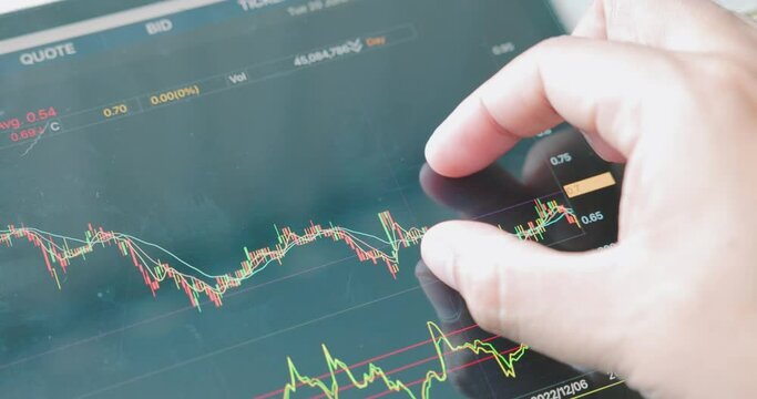 Hands with a tablet. Stock market data tableau. Cryptocurrency changing. companies indexes evolving, growing. Online market exchange. Company and cryptocurrency tickers in a bullish market. 4K clip.