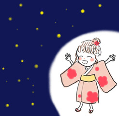 蛍を見てはしゃぐ浴衣姿の女の子