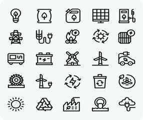 Set of 25 energy and ecology line style. Contains such Icons as solar panels, oil, solar power, green energy, power socket, bulb, wind power generation, wind turbine and more. ECO Logo Icon Design.
