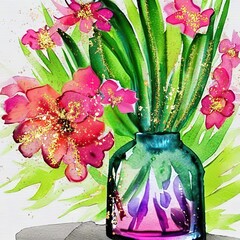 Watercolor drawing perfume bottle, pink flowers, bright colors. Leaves with shiny golden glitter and watercolor floral, gold shine print, fashion illustration on white background - 622174590