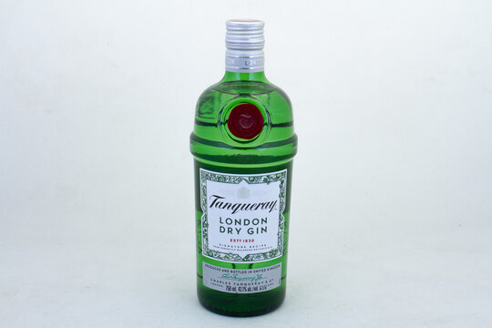 Johannesburg, South Africa - a bottle of Tanqueray London dry gin isolated on a clear background with copy space