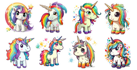 set of cute unicorns Clipart Sticker isolated on Background, generated ai