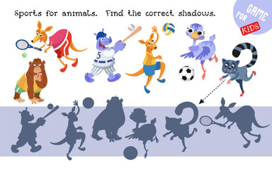 Find correct shadow. Educational puzzle game for children. Set cute animals playing sports. Vector cartoon isolated illustrations on white background. Funny animals in sports costumes. 