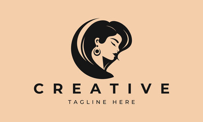 Illustration of women's hairstyle icon, logo with women's face. Vector beauty concept.