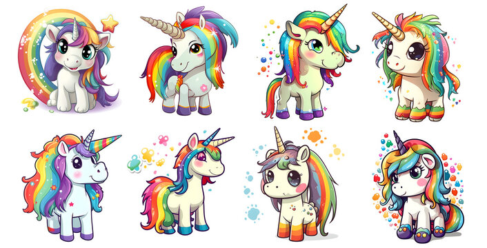 set of cute unicorns Clipart Sticker isolated on Background, generated ai
