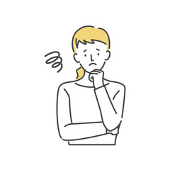 困った様子、悩んでいる表情、考え事をしている女性