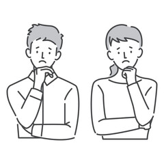 困った様子、悩んでいる表情、考え事をしている男性と女性