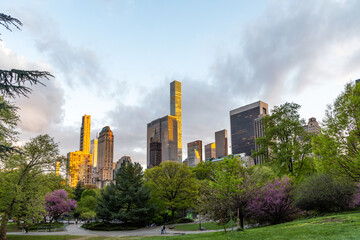 Manhattan skyscrapers and Central Park sunset