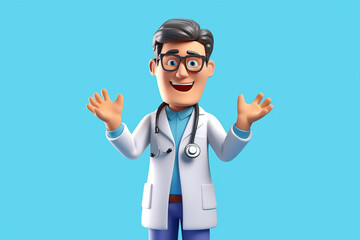 3d cartoon character smart trustworthy doctor wears glasses and shows inviting gesture, Happy professional caucasian male specialist, Medical presentation clip art isolated on blue background