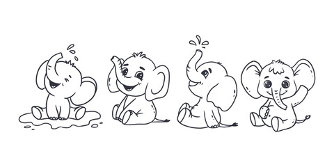 Cute cartoon baby elephant isolated on white background. Illustration for design of coloring book, cards. Doodle style.