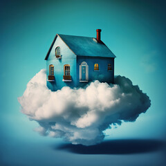 ai generated Illustration flying house on the cloud with blue sky