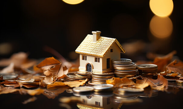 miniature house with a plot of land resting on a stack of coins