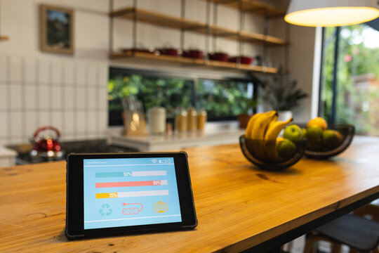 Tablet with smart home interface on wooden island countertop in kitchen