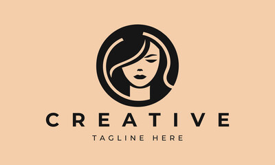 Illustration of women's hairstyle icon, logo with women's face. Vector beauty concept.