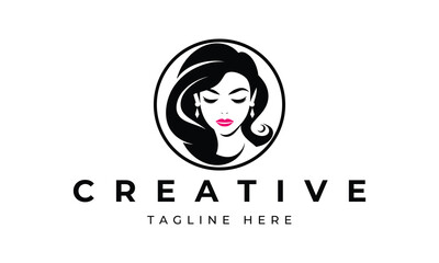 Illustration of women's hairstyle icon, logo with women's face. Vector beauty concept.