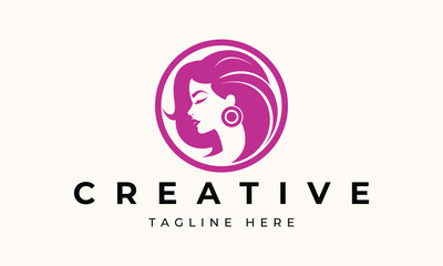 Illustration of women's hairstyle icon, logo with women's face. Vector beauty concept.