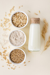Oat ingredients from dry flakes, flour, whole grains and non dairy alternative milk top view....
