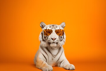 Portrait of a Fat White Bengal tiger wearing Orange sunglasses on an orange background