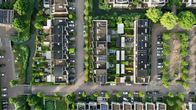 Drone top down pan across sustainable housing development in Amsterdam