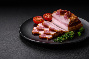 Delicious calorie smoked bacon with salt, spices and herbs