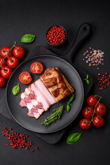 Delicious calorie smoked bacon with salt, spices and herbs