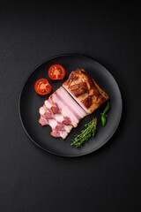Delicious calorie smoked bacon with salt, spices and herbs