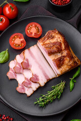 Delicious calorie smoked bacon with salt, spices and herbs