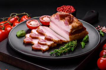 Delicious calorie smoked bacon with salt, spices and herbs