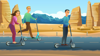 Road through desert. Ride an electric scooter. Modern sport and movement. Fun cartoon style. Vector