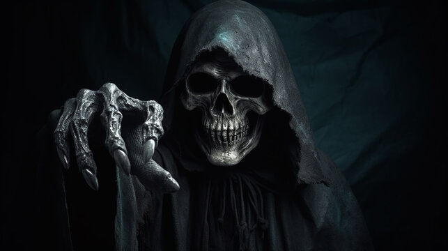Grim reaper reaching towards the camera over dark background - Generative Ai