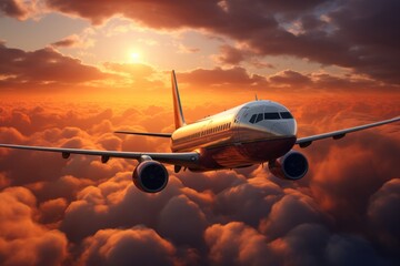 Fototapeta na wymiar Airplane Flying Above Dramatic Clouds, Generative AI