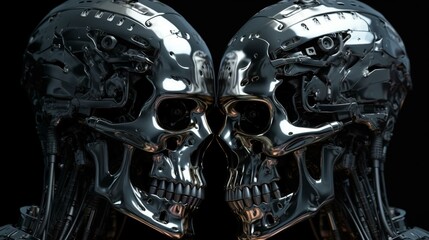 Two metallic shiny iron futuristic hi-tech skulls of cyborg robots looking at each other on a black background. AI generated