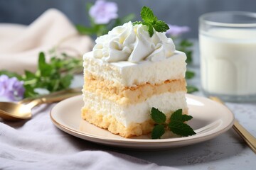 Coconut cheesecake on a white plate decorated with mint leaves.