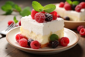 Mixed Berry cheesecake on a white plate decorated with mint leaves.