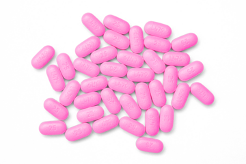 Pink diphenhydramine allergy pill in a pile isolated with transparent shadow