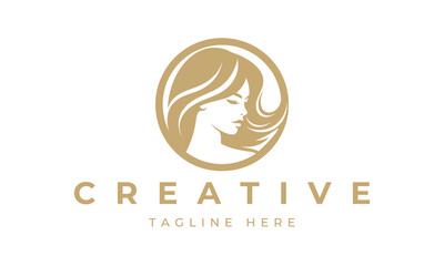 Illustration of women's hairstyle icon, logo with women's face. Vector beauty concept.