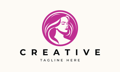 Illustration of women's hairstyle icon, logo with women's face. Vector beauty concept.