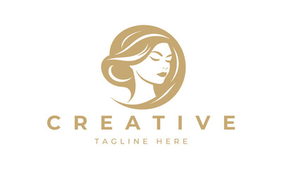 Illustration of women's hairstyle icon, logo with women's face. Vector beauty concept.