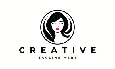 Illustration of women's hairstyle icon, logo with women's face. Vector beauty concept.